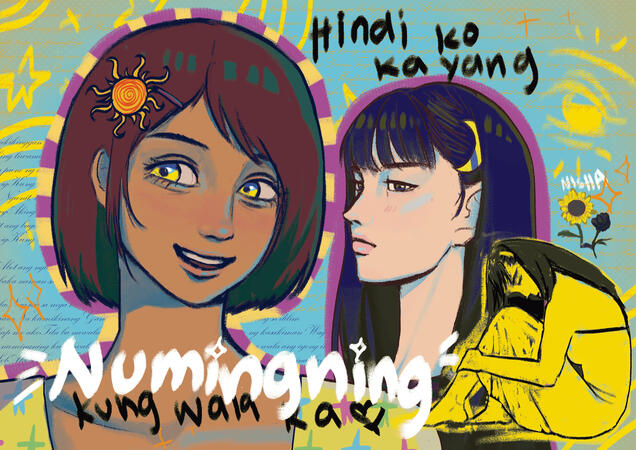 Selene (dark blue hair with a crescent hair clip and bangs, fair skin, blue monolid eyes) lovingly looking at Lucy (brown short hair with a sun hair clip, pink bobby pin, and side swept bangs, tan skin, yellow doe eyes), with text written "Hindi ko kayang